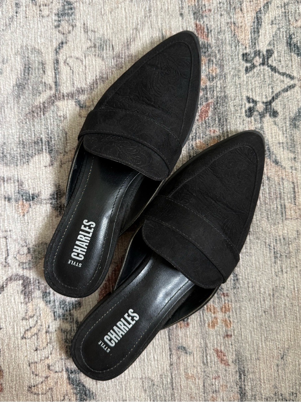 Charles Black Pointed Toe Slip-On Mules with Subtle Stitching